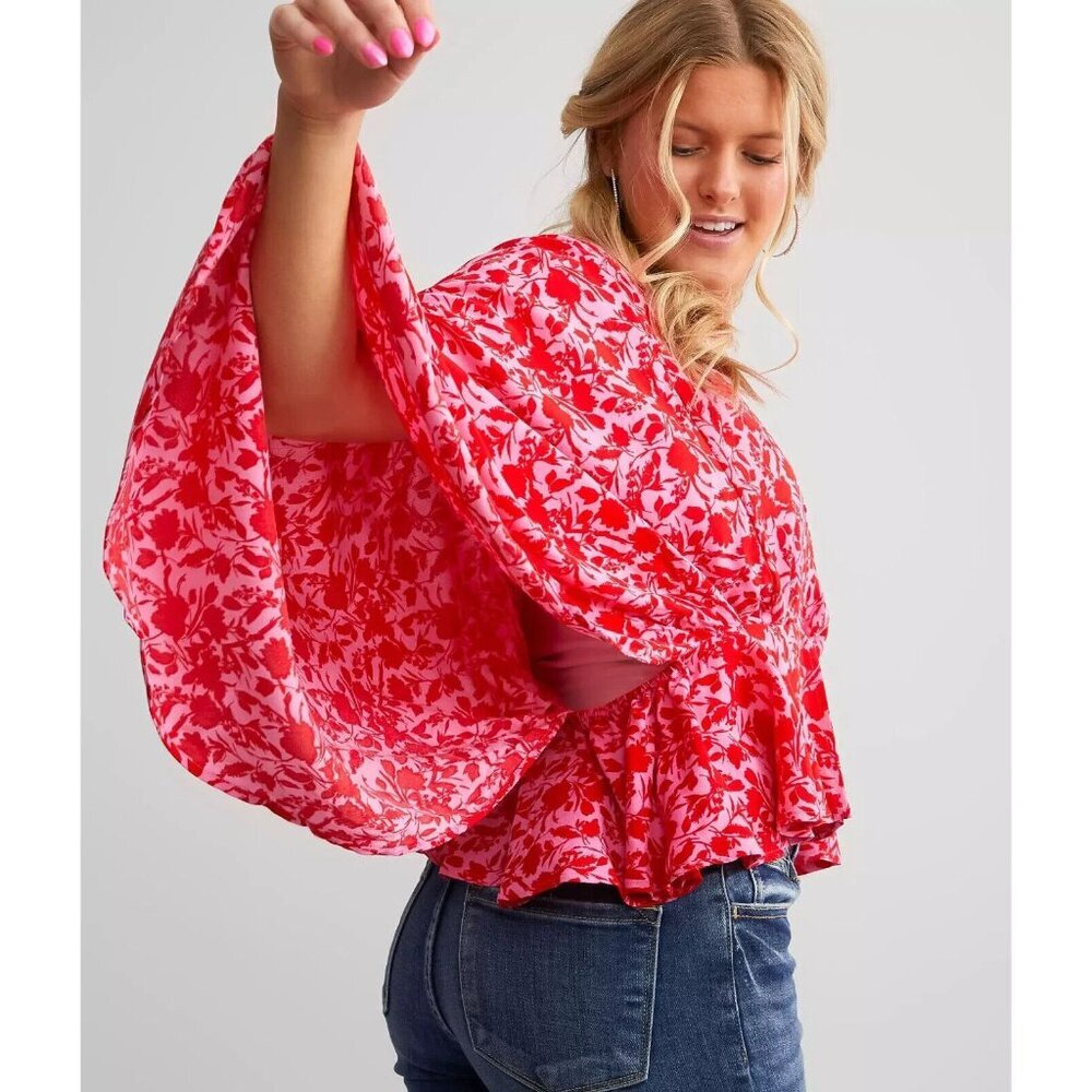 Band Of The Free Pink Red Pheasant XS/S Shirt Blouse Wing Floral Ruffle Boho Top - Picture 4 of 5